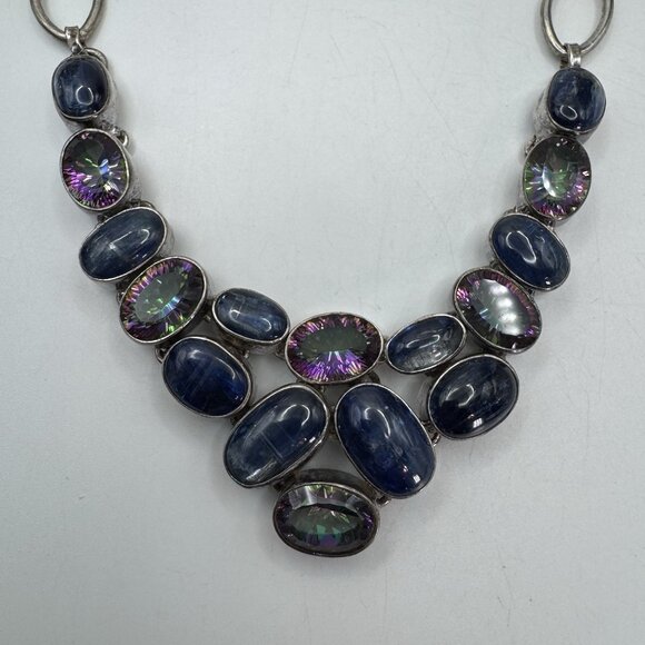 Sterling Silver Statement Labradorite Bib Necklace W/Blue Topaz By Silver Rush - Picture 8 of 10